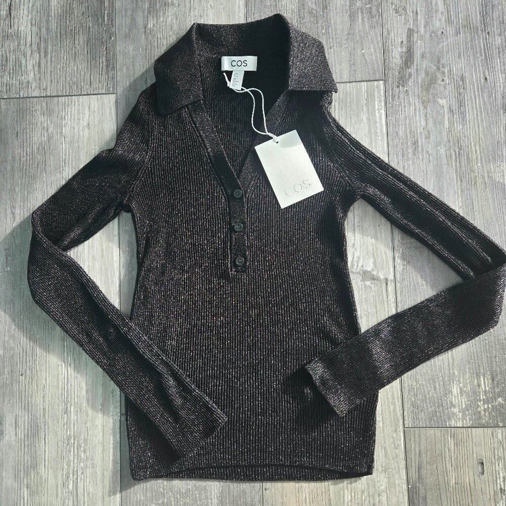 NWT COS Sparkly Ribbed Knit Polo Shirt Women's XS Black Long Sleeve Sheer $135